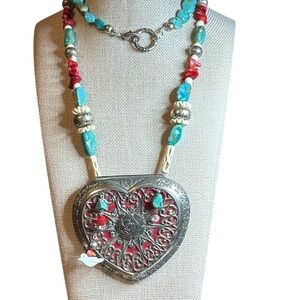 Artisan Made Silver Heart Pendant Necklace with Turquoise and Red Accents